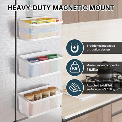 3 Pack White Metal Magnetic Spice Rack for Refrigerator, Heavy Duty Magnet Shelf for Fridge, Drill Free Mesh Organizer Basket for Kitchen, Pantry, Laundry Room, Garage