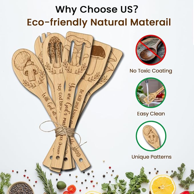 CUTHOLLOW 6PCS Mushroom Wooden Kitchen Cooking Utensil Set, 11.9in Non Toxic Bamboo Wood Spoon Set for Cooking, Best Housewarming Birthday Thanksgiving Christmas Gift for Women Mother