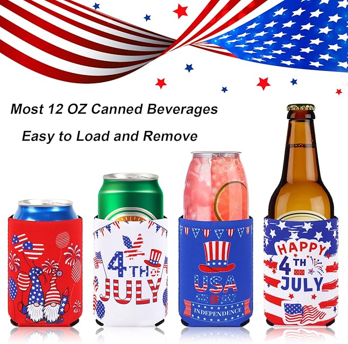 4th of July Can Cooler Sleeves, 18pcs American Flag Beer Drink Can Bottle Cooler Sleeves Collapsible for 250th Anniversary Fourth of July Independence Day Party Decorations Supplies Favors