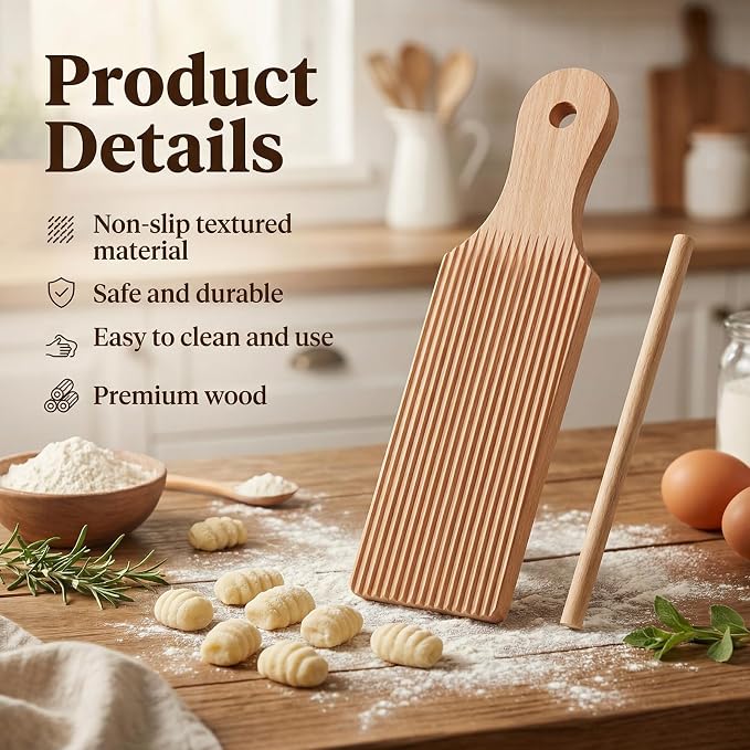 Gnocchi Boards and Ravioli Rolling Pin, Wood Pasta Roller Pin Ravioli Stamp Maker Homemade Pasta Making and Cutting Tools for Cooking Lovers Baking Easy to Use and Clean