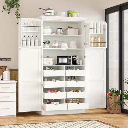 VilroCaz Freestanding Kitchen Pantry Tall Storage Cabinet, Wooden Kitchen Organizers with 4 Doors, 2 Door Shelves, 8 Pull-Out Trays and Adjustable Shelf for Dining Room Living Room (White-8.5)