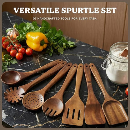 7Pcs Wooden Kitchen Utensil Set, Premium Natural Acacia Wood Cooking Utensils for Nonstick Cookware, Spoon Spatula Turner Ladle Skimmer Pasta Server, BPA Free