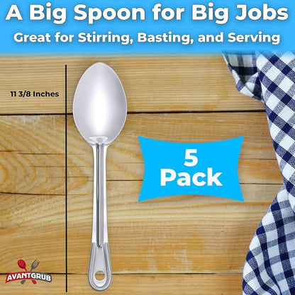 Super Strong, Ergonomic 11 in Serving Spoon 5 Pk. Big, Solid Stainless Steel Spoons for Cooking, Baking and Basting. Best Kitchen Flatware for Buffet and Banquet Service in Restaurants and Homes