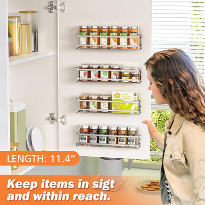 Bunoxea Spice Rack Wall Mounted 2 Pack, Silver,For Spice Jars & Seasonings | 2 Removalble Hooks,Screw or Adhesive Hanging, Space-Saving,For Kitchen Cabinet, Pantry Door,Stove,RV Use,11.41x2.75x2.75in