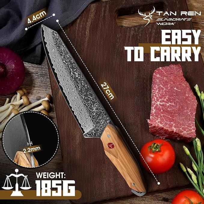 TAN REN Damascus Chef Knife 6 inch with Sheath, Razor Sharp Japanese Kiritsuke Knife, Full Tang Damascus Kitchen Knives with Wooden Handle, Kitchen Gift for Men and Women