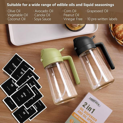 SWEET VIEW 2PCS Oil Sprayer for Cooking, 16oz/470ml Glass Oil Dispenser/Pour Bottle, Kitchen Accessories, Kitchen Gadgets for Air Fryer, Salad, BBQ, with Stickers (Green,White)