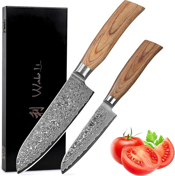 Wakoli EDIB Pro 2-Piece Damascus Kitchen Knife Set – Santoku & Small Santoku with VG10 Core made of 67-Layer Damascus Steel Blades – Professional Chef Knives with Ergonomic Pakkawood Handles