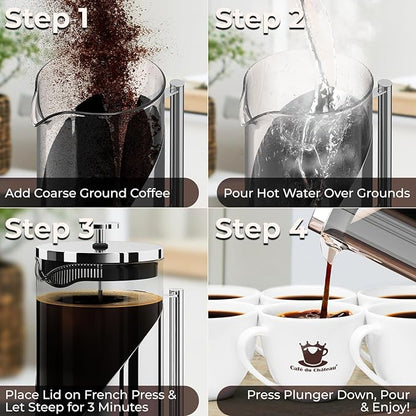 Cafe Du Chateau Stainless Steel French Press Coffee Maker 34 oz - Easy to Use Insulated Coffee Press with 4-Level Filtration, Manual Brewer for Tea, Camping & Travel with BPA Free, Durable Clear Glass