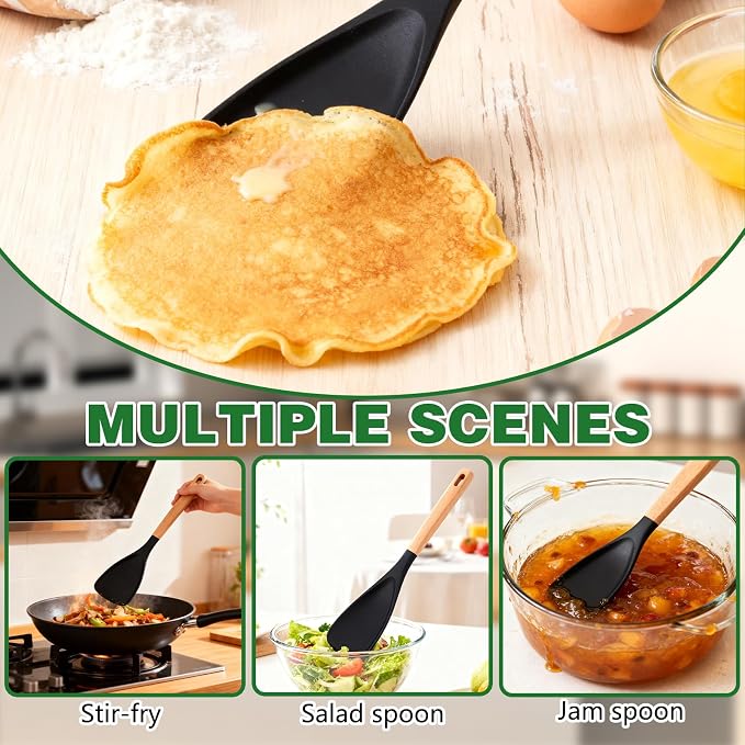 2PCS Cedar and Ash Spoonula,Multifunction Spatula Cooking Spoon,Non stick Flat Serving Spoons, Heat Resistant Kitchen Cucharras for Mixing, Stiring, Scooping, Scraping, Bastin (Black)