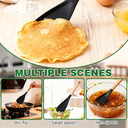 2PCS Cedar and Ash Spoonula,Multifunction Spatula Cooking Spoon,Non stick Flat Serving Spoons, Heat Resistant Kitchen Cucharras for Mixing, Stiring, Scooping, Scraping, Bastin (Black)