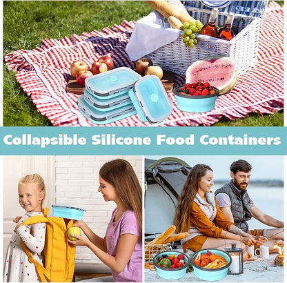 Mimorou 8 Pcs Collapsible Food Storage Containers Foldable Silicone Lunch Containers with Lids 4 Silicone Rectangle Collapsible Bowls and 4 Round Food Bowls Microwave Freezer Dishwasher Safe (Blue)