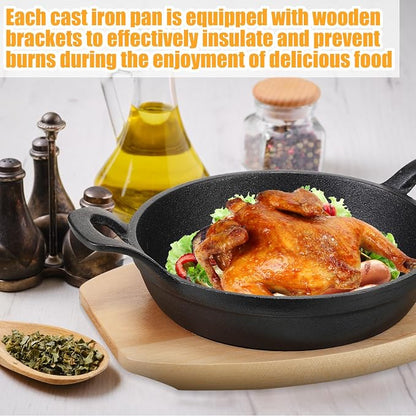 Sliner 4 Sets Mini Cast Iron Skillet Small Cast Iron Plates Skillet with Wooden Base Small Round Pan Fajita Plate Pot for Baking Cooking (8 Inches)