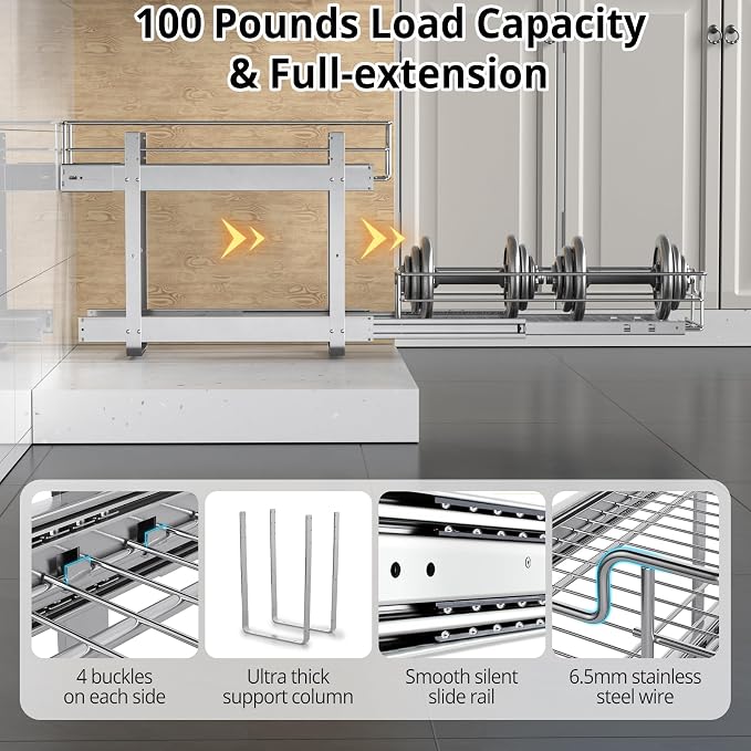 ZOINLIY Pull Out Cabinet Organizer, Versatile Slide Out Kitchen Organizers and Storage,Heavy Duty Drawer Cupboard Storage Basket, Smooth Sliding, Chrome Finish (2-Tiers-24¼''W×22“D)