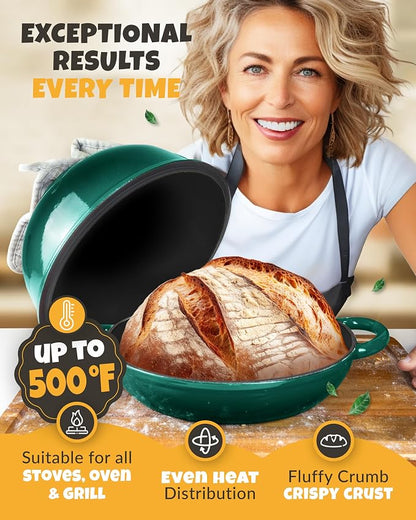 CRUSTLOVE Dutch Oven Bread Baking - 5QT Enamel Bread-Oven - incl Sourdough Bread-Baking Suppliers like Dough Whisk Scoring Lame etc Bread-Dome Cast Iron Bread-Pan with Lid for Sour dough, Bread-makingBottle Green Dome