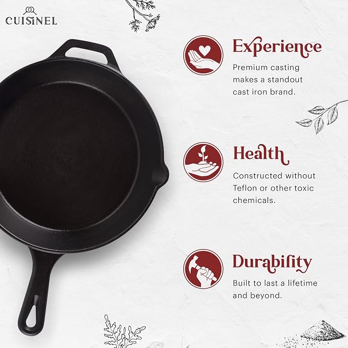 Cuisinel Cast Iron Skillet + Grill Press + Scraper Set - 10"-inch Pre-Seasoned Frying Pan + Silicone Handle Grip - 7" Round Burger Smasher - Indoor/Outdoor, Grill, Kitchen Cookware. PFAS and PFOA-free
