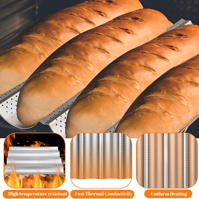 Mifoci 6 Pcs Baguette Bread Pan Nonstick Perforated Baguette Pan 15" x 13" Carbon Steel Mold 4 Wave Loaves Loaf Oven Tray for Sourdough French Bread Baking(Silver)