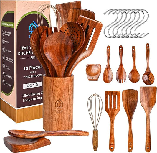 Teak Wooden Utensil Set 10 Piece, Kitchen Cooking Utensils with Holder and Hanging Hooks, Wooden Spoons and Spatulas for Cooking, Sturdy and Lightweight, Heat-Resistant Non-Stick Cookware