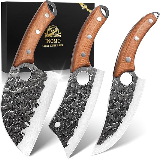 Fathers Day Gift for Men Dad, 3PCS Butcher Knife Set, Hand Forged Serbian Chef Knives & Meat Cleaver & Viking Knives, Meat Cutting Kitchen Knife Set for Home, Outdoor Cooking, Camping BBQ