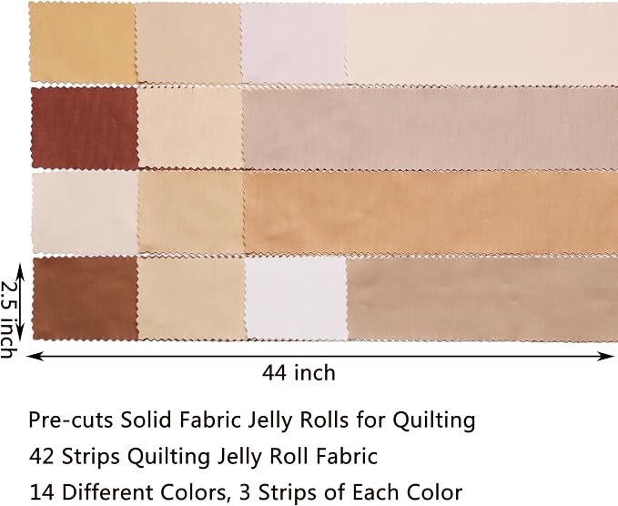 Nodsaw Solid Jelly Roll Fabric for Quilting 42 Strip 2.5" x 44", Cotton Fabric Strips Jelly Rolls for Quilting, Rug, Blanket, Quilt, and Crafts - Brown White Coffee Khaki Cream Ivory Natural