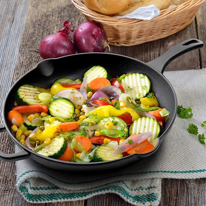 10 Inch Cast Iron Skillet, Pre-Seasoned, Induction Safe | Pre-seasoned 10" everyday skillet for searing, frying & baking. Serves 2-3. No lid. Induction & oven safe. PFOA-free.