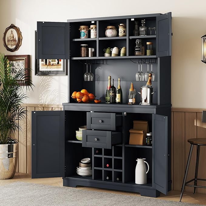 VilroCaz Farmhouse Freestanding Kitchen Pantry, Coffee Bar Cabinet Kitchen Buffet Cabinet with Drawers, Adjustable Shelves and Wine & Glass Racks for Dining Room, Kitchen (Antique Blue-2.16)