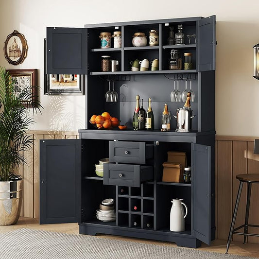 VilroCaz Farmhouse Freestanding Kitchen Pantry, Coffee Bar Cabinet Kitchen Buffet Cabinet with Drawers, Adjustable Shelves and Wine & Glass Racks for Dining Room, Kitchen (Antique Blue-2.16)