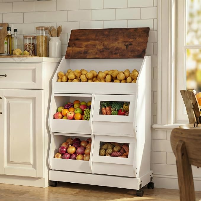 ARTETHYS Potato and Onion Storage Bin with Wheels, 3 Tier Bread Container with Lid, Ventilated Vegetable Organization Cabinet for Kitchen