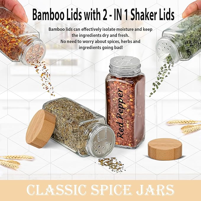 Glass Spice Jars with Bamboo Airtight Lids - (6 Pack) - 4 oz Square Spice Bottles with Shaker Lids - Clear Empty Shaker Seasoning Jars with Preprinted Spice Jars Labels and Collapsible Funnel Included