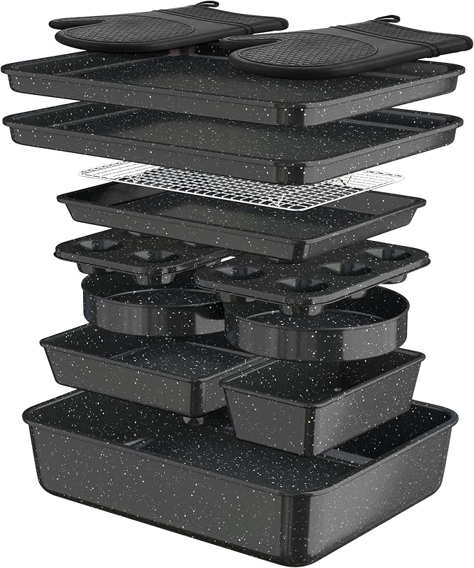 Wildone 13-Piece Baking Pans Set Nonstick - Stackable Bakeware Sets Including Cookie Sheets for Baking, Rack, Muffin Pan, Cake pan, Loaf Pan, Roasting Pan, Heavy Duty & Easy Clean, Black