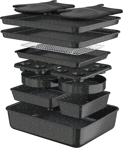 Wildone 13-Piece Baking Pans Set Nonstick - Stackable Bakeware Sets Including Cookie Sheets for Baking, Rack, Muffin Pan, Cake pan, Loaf Pan, Roasting Pan, Heavy Duty & Easy Clean, Black