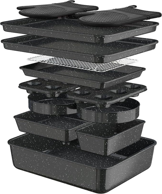 Wildone 13-Piece Baking Pans Set Nonstick - Stackable Bakeware Sets Including Cookie Sheets for Baking, Rack, Muffin Pan, Cake pan, Loaf Pan, Roasting Pan, Heavy Duty & Easy Clean, Black