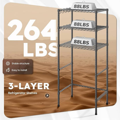 REIBII 3-Tier Mini Fridge Shelf with Storage, 264LBS Metal Shelving with 8 Hooks, Adjustable Height Organizer for Dorm, Kitchen, Apartment & Office, Microwave Rack, 26.38" Wx18.1 Dx65.36 H, Black