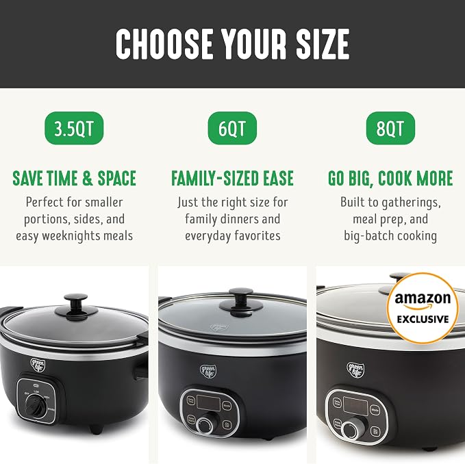 GreenLife 3.5QT Slow Cooker, PFAS-Free Non-Toxic Ceramic Nonstick Removable Interior Bowl, Programmable, Keep Warm, Stovetop & Oven Safe Pot, Dishwasher Safe Crock & Glass Lid, Black