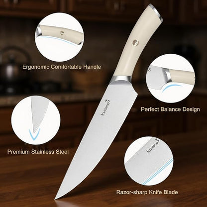 KUISINE Upgraded Sharp Chef Knife Set,High Carbon Stainless Steel Ergonomic Rivet Handle,Knife Block Set with Built-in Sharpener(Acacia Ivory Pro,15PCS)