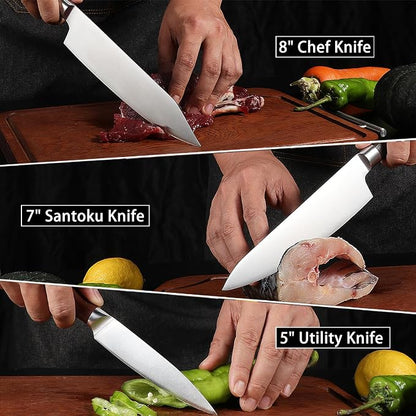 3PCS Chef Knife Set, Japanese Kitchen Knife, Sharp High Carbon Stainless Steel Forged Blade Professional Kitchen Knives Set with Ergonomic Handle Knives Set for kitchen with Gift Box