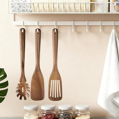 Wooden Kitchen Spatula for Cooking - 3 Pcs Set, Natural Acacia Wood Pasta Spoon with Teeth Spaghetti Fork for Serving Pasta, Non-Stick Cooking Spurtle Utensils for Kitchen Use