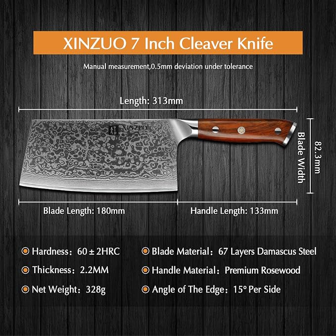 XINZUO 7 Inch Chinese Meat Cleaver Knife-Real 67 Layers Damascus Butcher Knife-Suitable for Meat/Vegetable Cleaver-Ultral Sharp-Natural Rosewood Handle-Yu Series