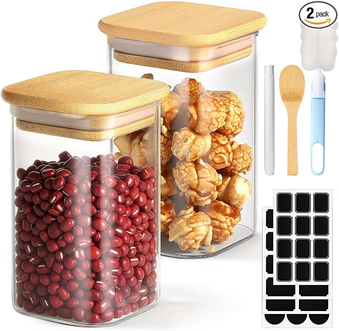 Square Glass Storage Jars Set of 2, 8 Fl.oz Glass Containers with Bamboo Lids, Clear Spice Jars Kitchen Pantry Canister for Candy Sugar Coffee Tea Oats - Included Labels, Spoon and Marker