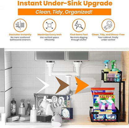 Under Sink Organizer, 2-Tier Pull-Out Cabinet Organizer – Adjustable Height, Left or Right Install – Smooth Slide-Out Drawers, Heavy-Duty Metal Rack for Kitchen & Bathroom, 1 Pack