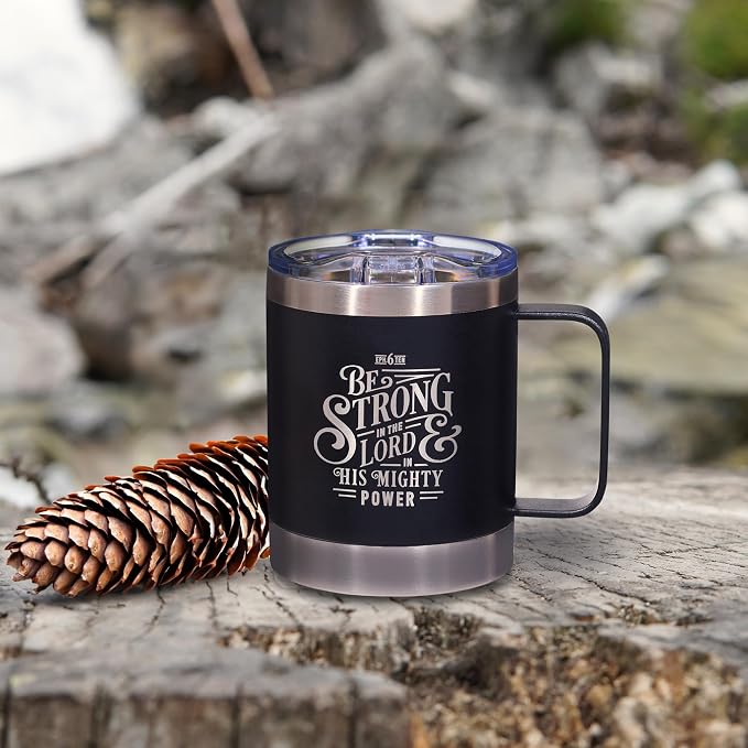 Christian Art Gifts Stainless Steel Double Wall Vacuum Insulated Camp Style Travel Mug 11 oz Black Coffee Mug with Lid for Men/Women with Bible Verse - Be Strong in The Lord -Ephesians 6:10