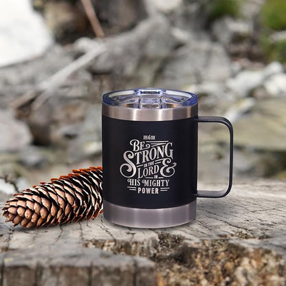 Christian Art Gifts Stainless Steel Double Wall Vacuum Insulated Camp Style Travel Mug 11 oz Black Coffee Mug with Lid for Men/Women with Bible Verse - Be Strong in The Lord -Ephesians 6:10