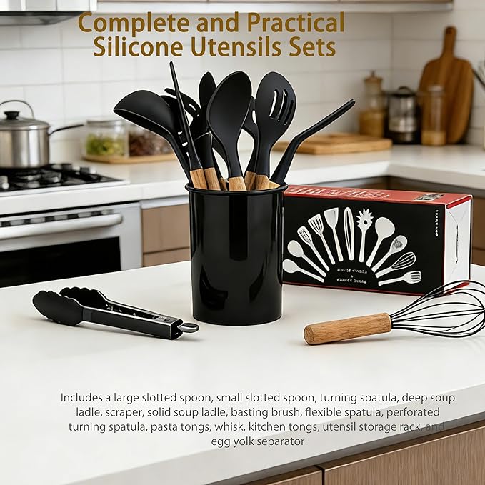 Silicone Cooking Utensils Set - 446°F Heat Resistant Silicone Kitchen Utensils Set, Spatula,Turner Tongs, Spoon, Whisk,Kitchen Gadgets for Nonstick Cookware, BPA Free（Black）