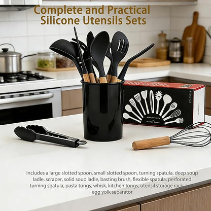 Silicone Cooking Utensils Set - 446°F Heat Resistant Silicone Kitchen Utensils Set, Spatula,Turner Tongs, Spoon, Whisk,Kitchen Gadgets for Nonstick Cookware, BPA Free（Black）