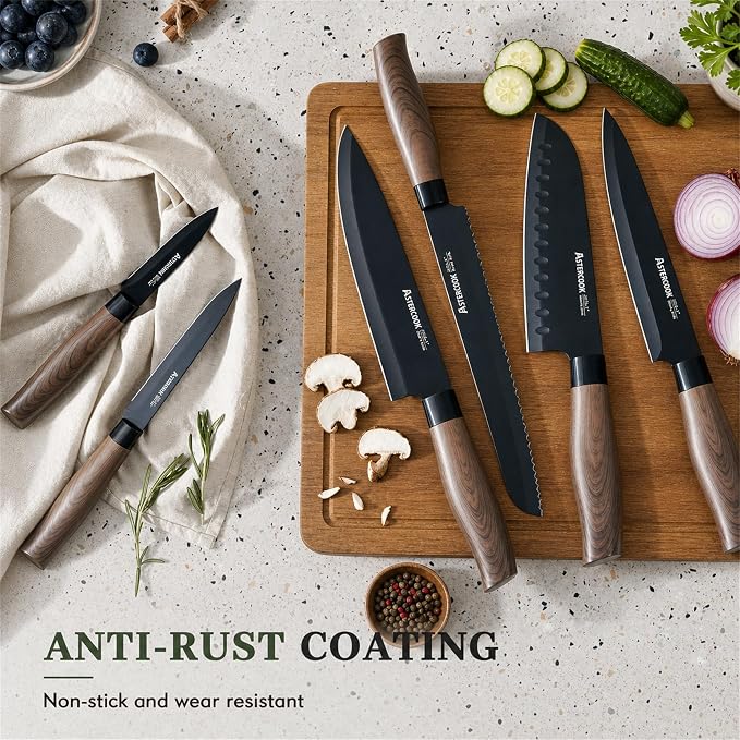 Astercook Knife Set, 13-Piece Kitchen Knives Set with 6 Blade Guards, Black Anti-Rust & Non-Stick Coating, Dishwasher Safe Stainless Steel Knives, Ergonomic Handle, Perfect for Holiday Gifts