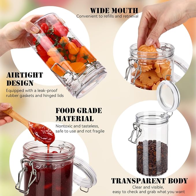 Suclain 6 Pack 34oz/1000ml Plastic Jars with Lids Bulk, Clear Wide Mouth Food Storage Jars Empty Airtight Sealed Canister Kitchen Storage Container for Pantry Organize Dry Goods Cereal Pasta Pickling