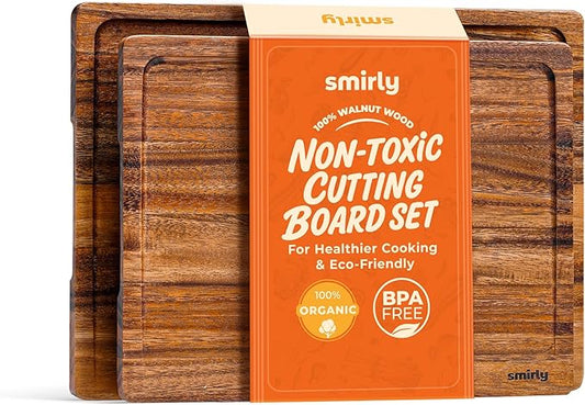 SMIRLY Wood Cutting Boards for Kitchen - Walnut Cutting Board with Handle and Juice Groove for Meal Prep, Serving, Charcuterie - Kitchen Gadgets, House Warming Gifts - Wooden Chopping Board Set of 2