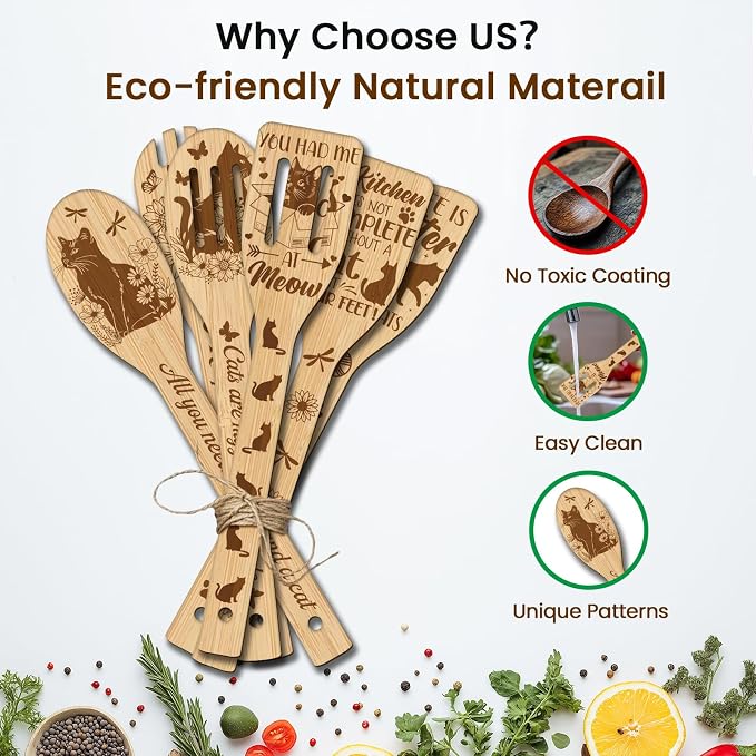 CUTHOLLOW 6PCS Cat and Flower Wooden Kitchen Cooking Utensil Set, 11.9in Non Toxic Bamboo Wood Spoon Set for Cooking, Best Housewarming Birthday Thanksgiving Christmas Gift for Women Mother