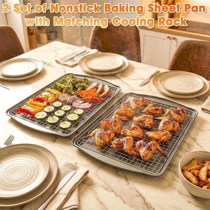Baking Sheet with Cooling Rack, 17” x 12” Nonstick Carbon Steel Cookie Sheets Pan Set with Wire Racks for Baking and Cooking, Baking & Cookie Sheet Pan Oven Tray Non Toxic (2 Pans + 2 Raised Racks)