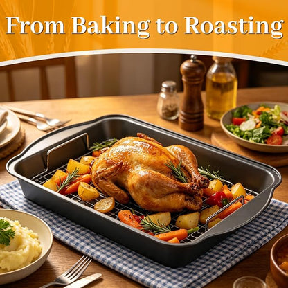 8PCS Deep Baking Pan Set, 14/15.9/17.5 Inch Nonstick Oven Pan with Cooling Racks & Oven Mitts, Heavy-Duty Roasting Pan with Wide Handles for Cakes, Lasagna and Meat, Black
