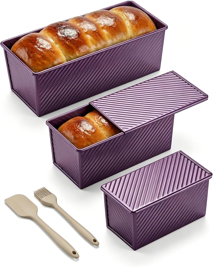 CARTMAN 3-Piece Pullman Loaf Pan with Lid Set – Non-Stick Carbon Steel Bread Pan with Bottom Vents – Includes Large (12"), Medium (8") & Mini (7") Sizes plus Silicone Tools – Plum Purple